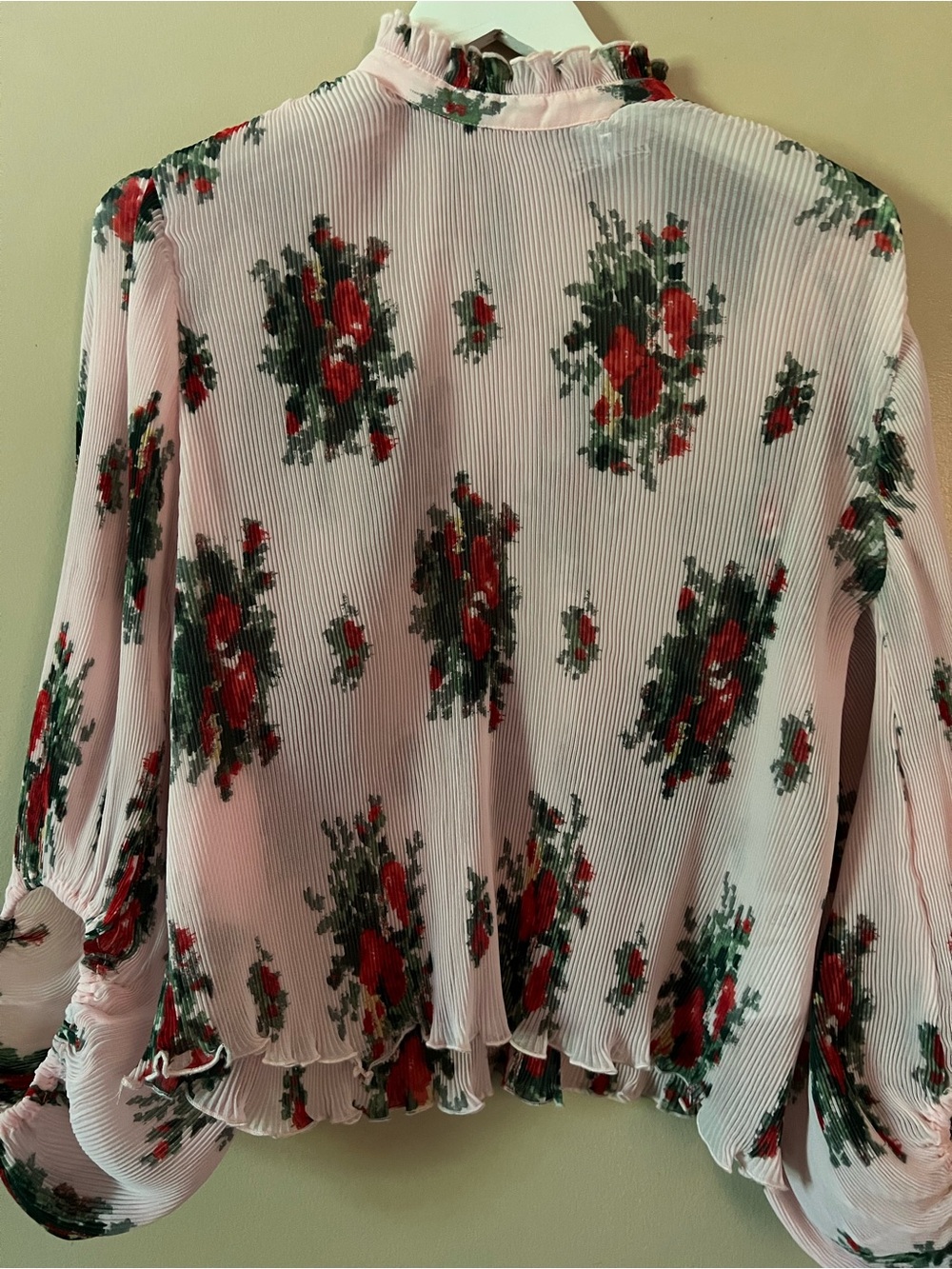 Ganni Pink Floral Ruffle Mock Neck feminine georgette bohemian balloon sleeve co - Picture 5 of 9
